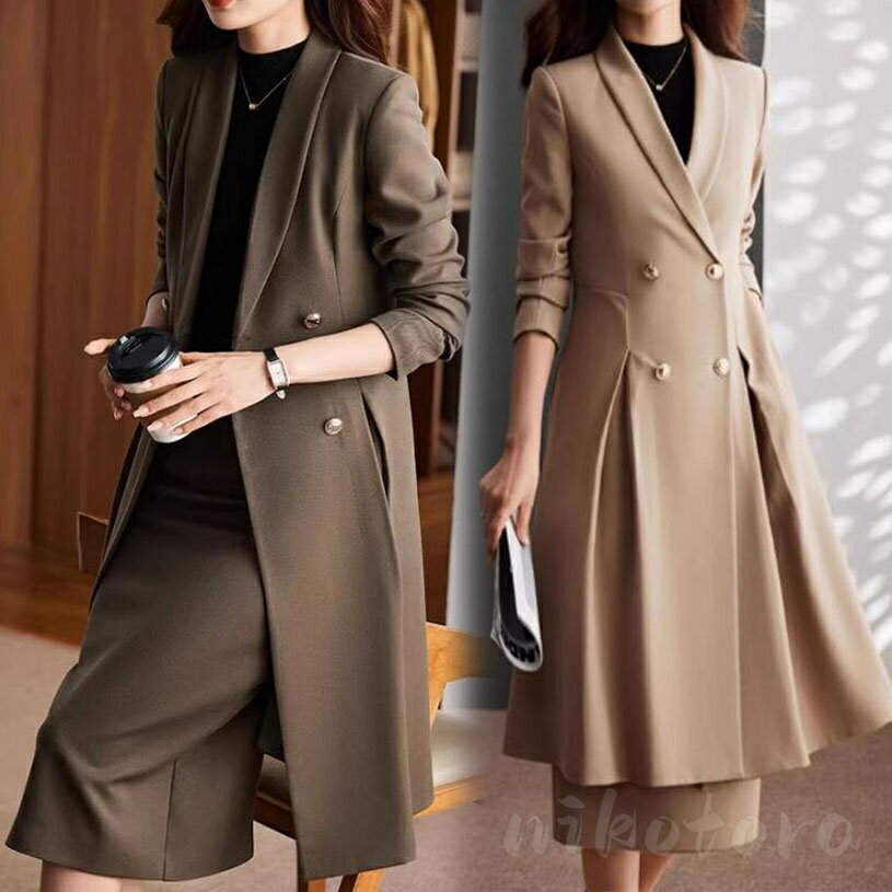 ロング ミディアム丈 テーラードジャケット 長袖 ダブルブレスト ブレザー スーツジャケット チェスタ..