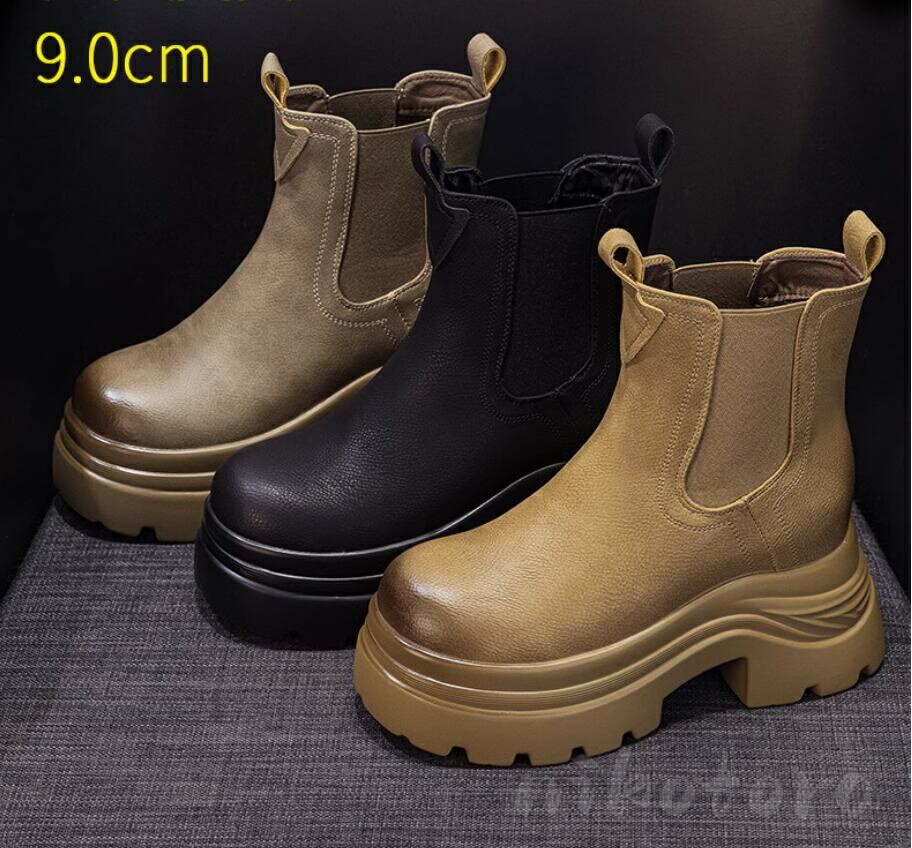 春夏秋冬 新品 ショートブーツ レディース ブーティー 靴 ラウンドトゥ 裏ボア 防寒 エンジニアブーツ サイドゴアブーツ ジョッキーブーツ チェルシーブーツ 厚底靴 9センチ チャンキーヒール 大人 女性 美脚 レザーブーツ カジュアル 疲れない 歩きやすい
