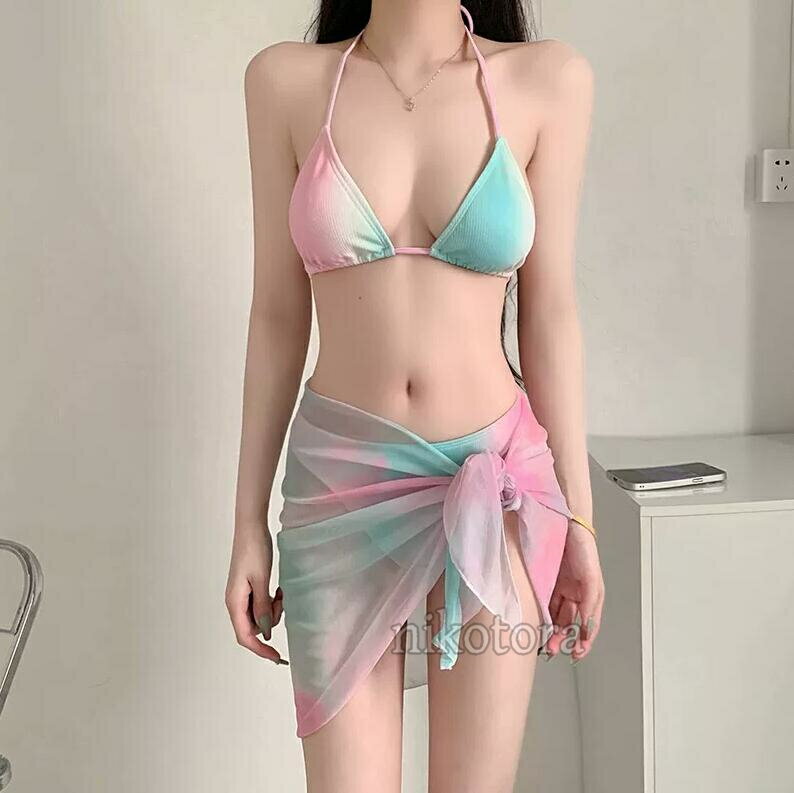乐天商城 - 水着 レディース ビキニ 3点セット おしゃれ かわいい 体型カバー 女性 ホルターネック ビキニ水着 胸パッド ワイヤーなし 三角ビキニ ブラ ショーツ メッシュスカート セパレート 小胸 谷間 美胸 盛れる セクシー 水着 韓国 海水浴 温泉 ビーチ 大人 おしゃれ