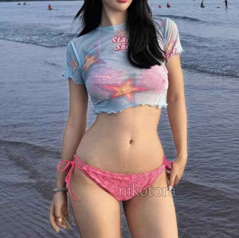乐天商城 - 水着 ビキニ レディース ベーシックビキニ セパレート 3点セット 半袖アウター ホルターネック 胸パッド ワイヤーなし ブラ＆ショーツ 無地 ビキニ水着 かわいい 可愛い水着 レースアップ シンプル オトナ女子 ビーチウェア スイムウェア 海水浴 潜水