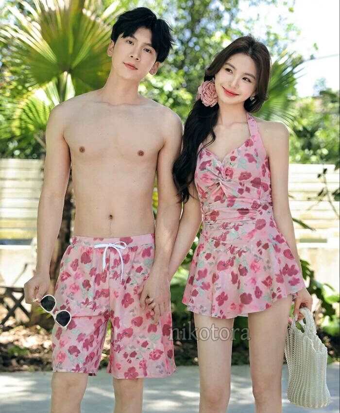 乐天商城 - カップル ペアルック 水着 ノンワイヤー パッド付き ワンピース ビキニ ホルターネック 花柄 フレアスカート ショートパンツ サーフパンツ 体型カバー レディース/メンズ みずぎ ビーチウェア プール 海外旅行 新婚旅行 お祝い プレゼント 夏