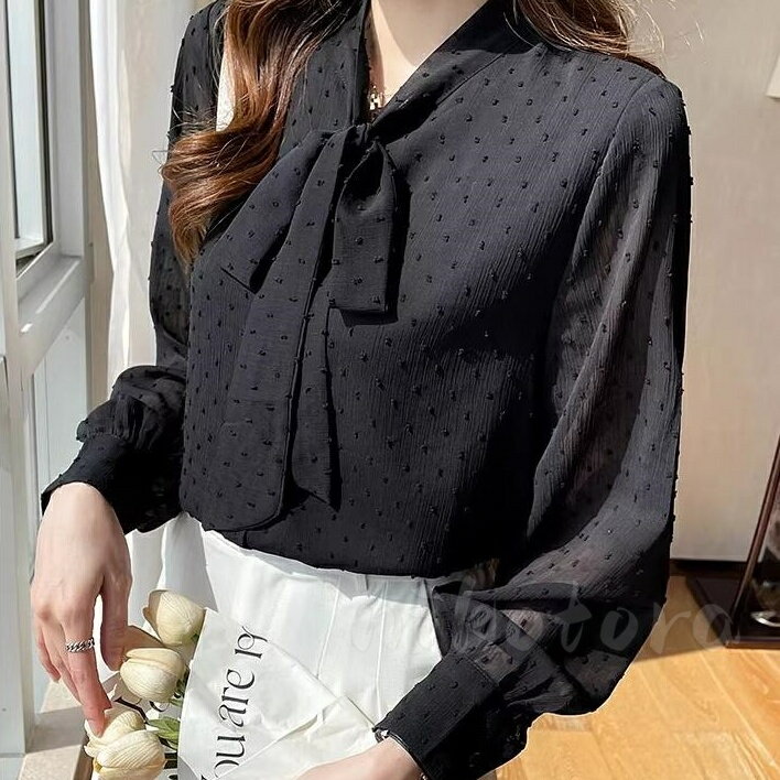 乐天商城 - 長袖 シャツ ブラウス レディース トップス ランタンスリーブ 透け感 薄手 ゆったり ボウタイ リボン シンプル カジュアル オフィス 通勤 ビジネス 会社 事務服 大人 20代 30代 40代 秋物 春物
