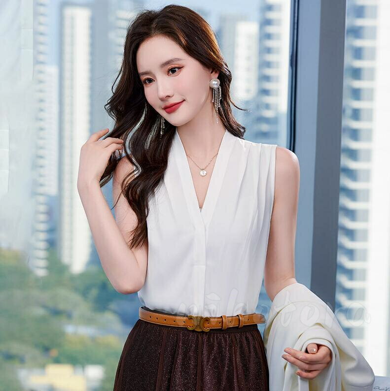 乐天商城 - vネック ノースリーブ シャツ ブラウス レディース 夏 トップス シフォン 着回し 気質 上品 柔らかい 無地 スリム 女性 ファッション 大きいサイズ オフィス カジュアル シンプル きれいめ 通勤 日常 上品 30代 40代
