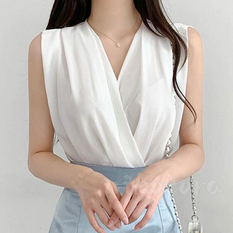 乐天商城 - 韓国ファッション vネック トップス ノースリーブ シャツ ブラウス レディース 夏新作 とろみシャツ ギャザー 無地 着回し 気質 上品 女性 カジュアル オフィス 通勤 ビジネス 会社 事務服 おしゃれ