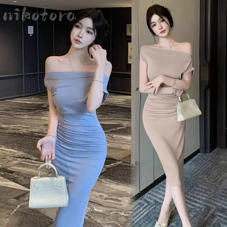 オフショルダー タイトワンピース ボディコン レディース セクシー パーティードレス キャバワンピース ナイトドレス ミディアム丈 膝丈 カシュクール シンプル 無地 エレガント スリム 伸縮性 お呼ばれ 人気 二次会 結婚式 披露宴 フォーマル 上品 きれいめ