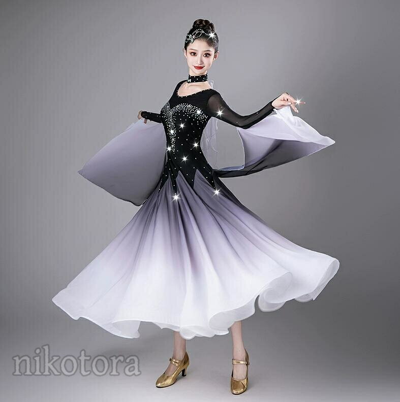 社交ダンス モダンドレス スタンダード レッスン着 練習着 長袖 初心者 社交ダンス衣装 ワンピース ワルツ タンゴ サンバ 社交ダンス ラテンドレス 大きい裾 エレガント 上品 女性 ダンスウェア 競技着 演出用 イベント服 ダンス発表会 ステージ衣装 グレー 赤色 紫 3