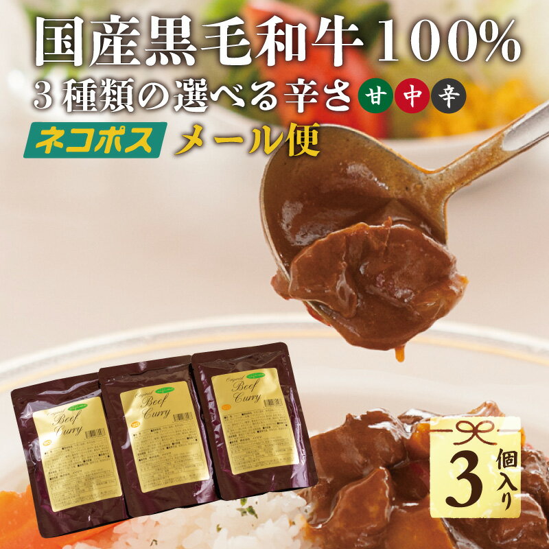 メール便 送料無料 レトルトカレー お試し 3個セット 黒毛和牛カレー 甘口 中辛 辛口 自宅用のサムネイル