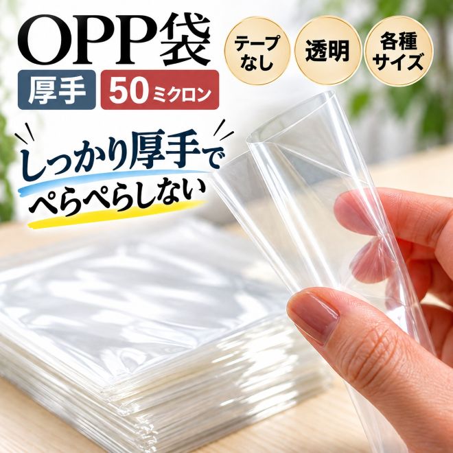 商 品コメント OPP袋は、用途によって適した厚さが異なります。 薄手タイプは軽い商品の包装や大量使用に便利。 一方、50ミクロンの厚手タイプは、一般的に使われる厚さ（30ミクロン）と比べて、しっかりとしたコシや強度があり高級感や重厚感があります。 ぺらぺらせず、しっかりとした質感や丈夫さを活かしたい商品包装向き。 アクセサリーや雑貨、衣類、ギフトなど、包装にもきちんとした印象を持たせたい場面におすすめです。 ニルバザールでも商品の包装に実際に使用しています！ ネットショップや通販の商品包装をはじめ、ハンドメイド作品、フリマ出品、イベント・マルシェ、店舗での商品包装、プレゼントやギフトのラッピングなどに。 写真・カード類の保護スリーブにも最適です！ 素材 OPP 厚さ：約50ミクロン 仕様：透明・テープなし 原産国：タイ サイズ 選択欄よりサイズ・枚数をお選びくださいご希望サイズがございましたら、お気軽にお問い合わせください。 ご注意 ■配送方法：ネコポスまたは宅配便 ※基本的にネコポス配送となります。ご注文内容により宅配便でお届けする場合があります。配送方法はお選びいただけません。 ※海外製品のため、サイズには若干の誤差が生じる場合があります。 ※製造・保管・梱包の過程で、微細な擦れや折れなどが見られる場合があります。 ※食品を直接入れる用途については、食品対応を確認できる資料がないため、ご使用をお控えください。 ※店舗用品等で大量購入をご検討の場合は、お気軽にお問い合わせください。 こんなシーンで人気 アクセサリー包装・小物包装・雑貨包装・お香の包装・布製品の包装・ラッピング・ギフト包装・ネットショップ・通販・ハンドメイド・フリマ・イベント・マルシェ・店舗用品・業務用・商品保管・まとめ買い〜 おすすめポイント 〜 OPP袋は、用途によって適した厚さが異なります。 薄手タイプは軽い商品の包装や大量使用に便利。 一方、50ミクロンの厚手タイプは、 一般的に使われる厚さ（30ミクロン）と比べて、 しっかりとしたコシや強度があり高級感や重厚感があります。 ぺらぺらせず、しっかりとした質感や丈夫さを活かしたい商品包装向き。 アクセサリーや雑貨、衣類、ギフトなど、包装にもきちんとした印象を持たせたい場面におすすめです。 ニルバザールでも商品の包装に使用しています！ ネットショップや通販の商品包装をはじめ、ハンドメイド作品、フリマ出品、イベント・マルシェ、店舗での商品包装、プレゼントやギフトのラッピングなどに。 写真・カード類の保護スリーブにも最適です！ 50枚・100枚・500枚から必要な枚数をお選びいただけます。 OPP袋 サイズ・価格一覧【小～中サイズ】 サイズ（cm） 50枚 100枚 500枚 用途例 6.5×9700円1,000円2,980円カード・ヘアピン 7.5×10700円1,000円2,980円アクセサリー 4×25.5700円1,000円2,980円お香・ネックレス 15.5×18800円1,100円3,980円ハンドタオル 12.5×23800円1,100円3,980円文具・雑貨 15.5×19800円1,100円3,980円小物・雑貨 15.5×25.5850円1,300円4,980円長3封筒 20.5×30.5950円1,600円5,980円A4書類 OPP袋 サイズ・価格一覧【中～大サイズ】 サイズ（cm） 50枚 100枚 500枚 用途例 15.5×461,000円1,800円6,980円ポスター類 28×381,200円2,000円7,980円Tシャツ・サンダル 25.5×461,300円2,200円8,980円マフラー 25.5×611,500円2,500円9,980円大判ストール 40.5×461,800円2,800円10,980円トレーナー 38×612,200円3,500円13,980円厚手の衣類 46×562,400円3,800円14,980円クッション 56×662,800円5,000円19,800円コート・毛布 ※価格は税込・送料無料 ※用途例は目安です。収納するものの厚みや形状、折りたたみ方により適する袋サイズは異なります。 〜 こんなシーンに 〜 〜 各種サイズございます 〜 現在掲載中のサイズ以外にも、小型～大型・細長タイプなど各種OPP袋を順次出品予定です。 大きめサイズのOPP袋もございます！ ご希望サイズがございましたら、お気軽にお問い合わせください♪ 在庫を確認して、近いサイズをご案内いたします。