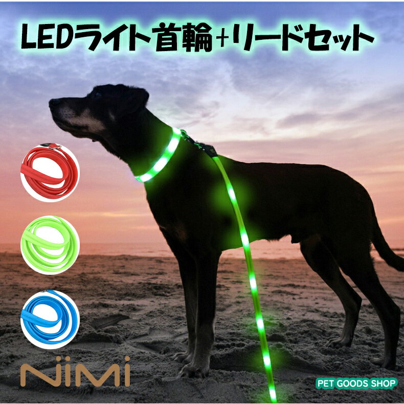 NIMI 光る首輪 LED首輪 リード セット 2点セット 犬 USB 充電 点滅 発光 ライト 調節可能 犬用首輪 ペット用品 中型犬 小型犬 夜道 お散歩 安全対策 夜間 お出掛け 安全性【NIMI PET GOODS SHOP】