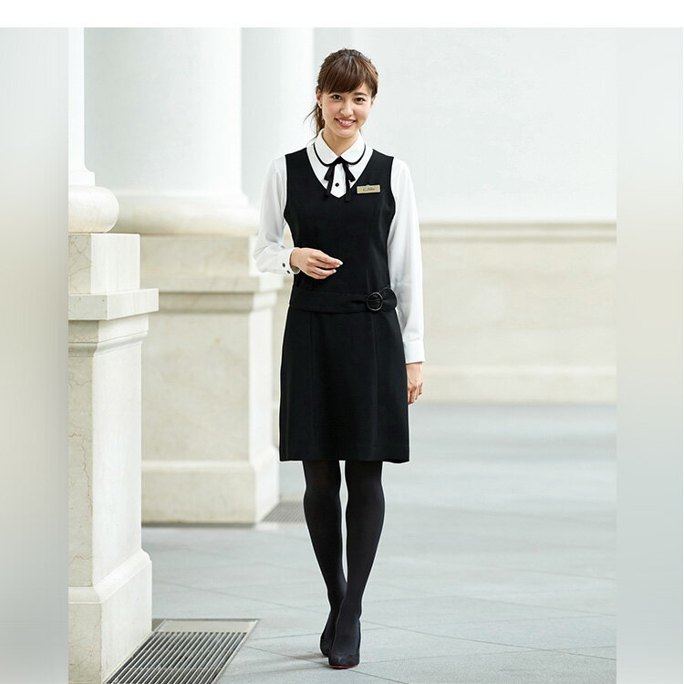 事務服 ジャンパースカート レディース 制服 仕事服 オフィス ビジネス 医療 医療事務 会社 受付 大きいサイズ Lサイズ LLサイズ 17号 19号 おしゃれ かわいい 上品 ショールーム ユニフォーム 2WAYストレッチ 黒 ブラック enjoie アンジョア JJ-61620-L