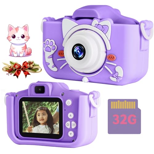 色：紫の猫 子供用カメラ キッズ おもちゃ カメラ 32GBメモリーカード付き 2.0インチIPS 画面 自撮り 前後4800w画素 1080P HD 3種類の..