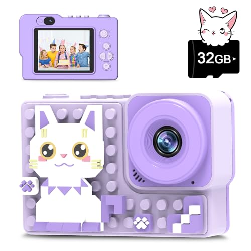 色：Purple Cat キッズカメラ 子供用カメラ 2023新登場 トイカメラ 積み木 4800万画素 1080P HD 動画カメラ デジタルカメラ 2.4インチIPS大画面 8倍ズーム タイマー撮影 自撮り機能 32GBカード…