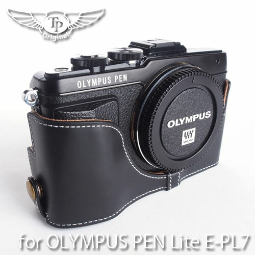 カメラケース TP Original OLYMPUS PEN Lite E-PL7 用 レザー ケース Black ブラック おしゃれ 本革 牛革 速写ケース ボディーハーフケース 底面開閉 バッテリー交換可能 TB04EPL7-BK