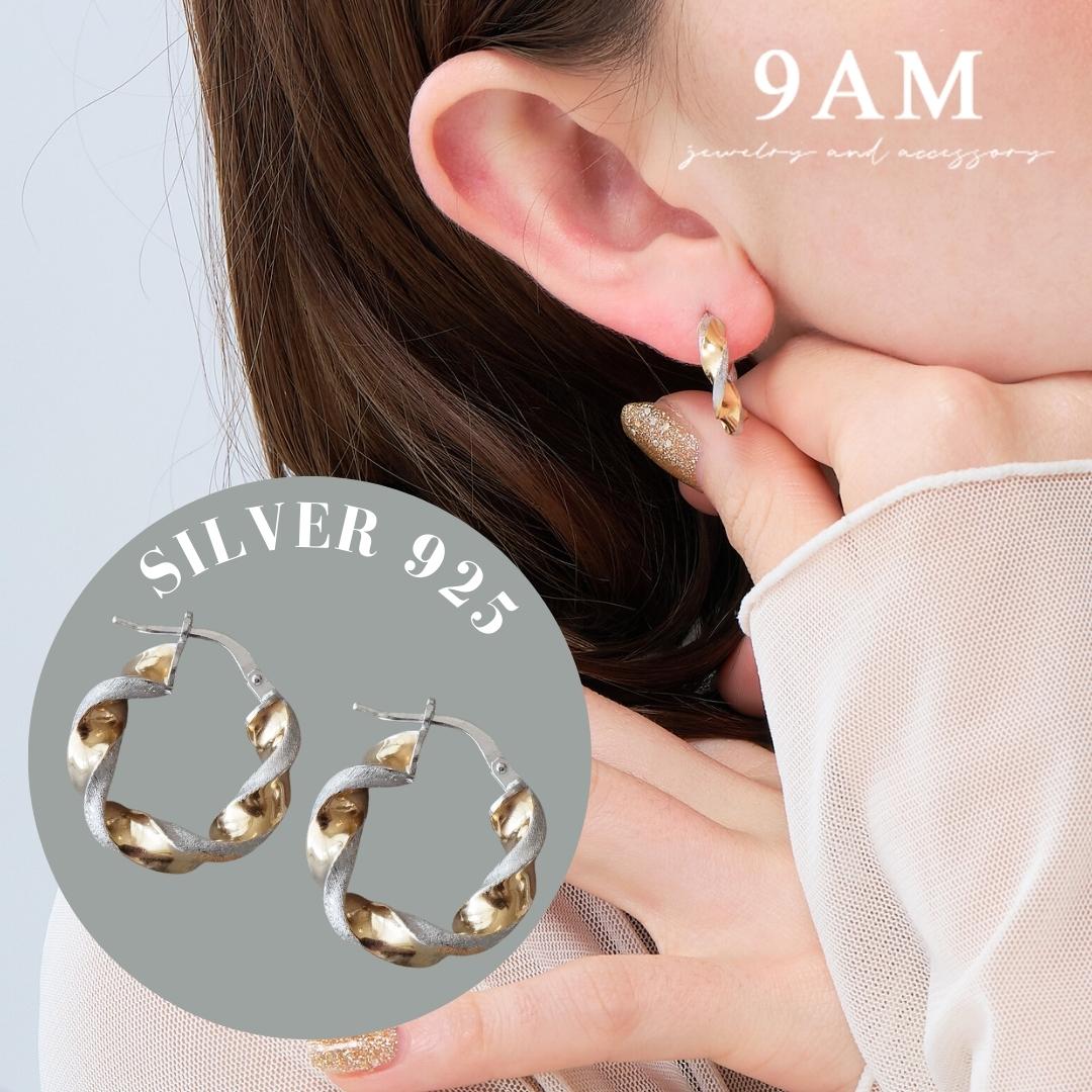 ピアス 9am 金属アレルギー対応 SILVER925 フープピアス レディース バイカラー ウェーブデザイン ひねり 大人可愛い ゴールド シルバー つや消し...