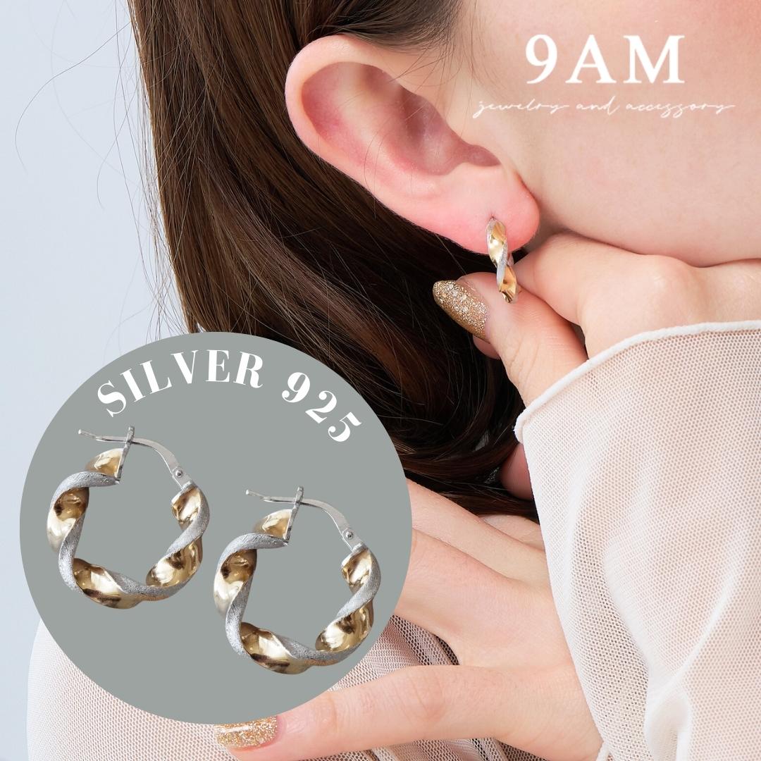 ピアス 9am 金属アレルギー対応 SILVER925 フープピアス レディース バイカラー ウェーブデザイン ひねり 大人可愛い ゴールド シルバー つや消し マット 光沢 アクセサリー ジュエリー シルバー925 プレゼント ギフト