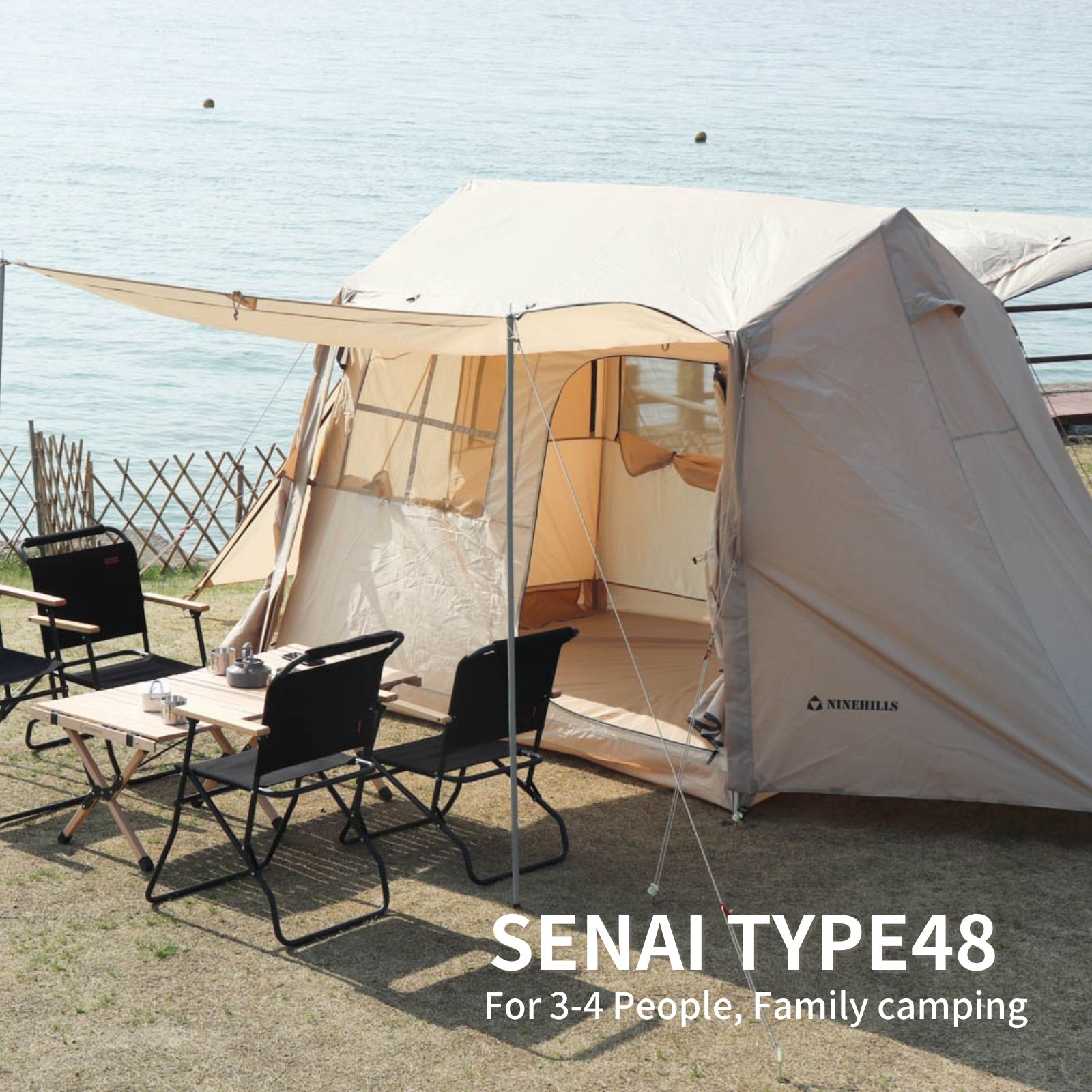 NINEHILLS ナインヒルズ ロッジ型テント 小屋型テント 一体型フレーム 設営簡単 アウトドア キャンプテント SENAI 48 4人用 サンドカラー