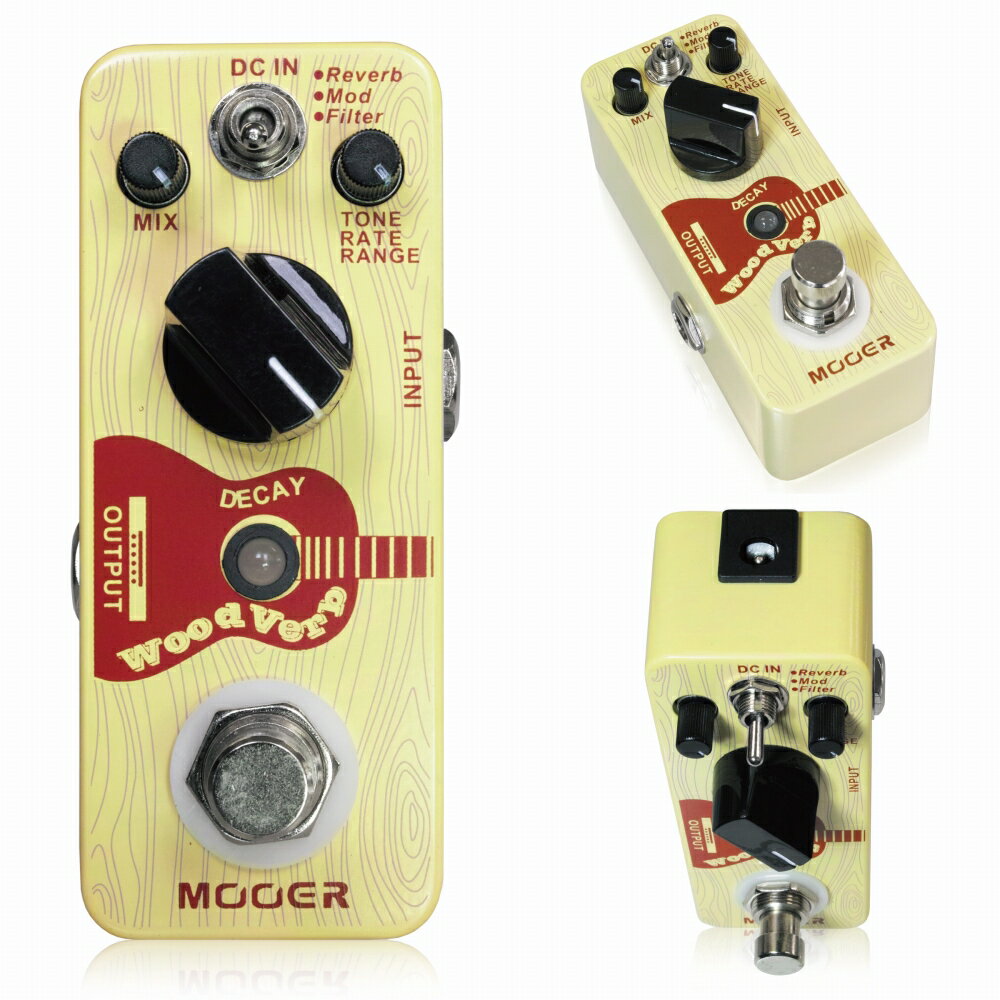 種類 リバーブ（アコースティックギター用） アダプター 9Vセンターマイナス 電池駆動 - コントロール MIX、DECAY、TONE/RATE/RANGE、MODEスイッチ ムーア— ウッドヴァーブ &quot;WoodVerb&quot; Mooer WoodVerbは、アコースティックギターのために設計された小さなデジタルリバーブペダルです。アコースティックギターのプリアンプから出力されるサウンドに奥行きが足りない、音が単調で平べったいと感じているなら、WoodVerbを試してみましょう。 WoodVerbには高品質な3つのリバーブサウンドが収録され、さらに幅広いコントロールオプションが搭載されています。退屈でいつも同じルームリバーブやホールリバーブは忘れて、WoodVerbを接続すれば、リバーブエフェクトの感動を改めて思い出せるでしょう。 WoodVerbには、小さな部屋から広大な空間までのサウンドを作るナチュラルなプレートリバーブ“Reverb”、モジュレーションエフェクトが加わったサイケデリックな“Mod”、そしてリバーブにフィルターを組み合わせ、風が渦を巻くような効果を作る“Filter”の3モードを収録。全てアコースティックギターのために設計されているので、エレキギター用のリバーブをかけたような音にはなりません。アコースティックギターのサウンドを活かせるよう、常に“ピュア”なトーンです。 ●特徴 ・アコースティックギタープレイヤーのために設計されたデジタルリバーブ ・Reverb、Mod、Filterの3つのリバーブを収録。 ・Reverbモードはプレートリバーブをシミュレート ・Modモードはモジュレーションを加えたリバーブ ・Filterモードはスウィーピングフィルターのかかるリバーブ ・トゥルーバイパススイッチ ・センターマイナスDC9Vアダプターで駆動（電池駆動はできません。） ●3つのモード WoodVerbにはReverb、Mod、Filterの3つのリバーブモードを備えています。 ・Reverb：プレートリバーブをシミュレートしたリバーブエフェクトです。 ・Mod：リバーブにモジュレーションを加えたエフェクトです。 ・Filter：スウィーピングフィルターを加えたリバーブエフェクトです。 ●ワイドレンジなコントロールオプション 3つのリバーブモードは、それぞれMIX、DECAY、TONE/RATE/RANGEノブで幅広く音色をコントロールすることができます。シンプルでダイレクトな操作性で、トグルスイッチでリバーブモードを切替え、ノブを回して音を調整します。複雑さは一切ありません。 ・MIX：ギターのドライシグナル（クリーントーン）とエフェクトのウェットシグナル（エフェクト音）のバランスを調整します。 ・TONE/RATE/RANGE：選択するモードによって役割が異なります。Reverbモードではリバーブエフェクトのトーンをコントロールします。Modモードではモジュレーションスピードを調整します。Filterモードではフィルターが動く幅を調整します。 ・DECAY：リバーブエフェクトのディケイレベルを調整します。エフェクトのかかりの長さをコントロールできます。 ●美しいデザイン ペダルには鮮やかな木目がプリントされ、アコースティックギターの暖かさとナチュラルさを表現しています。 ●小さなサイズ WoodVerbは小さな筐体を使ったエフェクターです。ハードケースやギグバッグのポケットにも入れて持ち歩くことができます。 ●トゥルーバイパス WoodVerbをバイパス（エフェクトOFF）にしてもオリジナルシグナルには影響を及ぼしません。 ●スペック インプット：1/4インチモノラルオーディオジャック（インピーダンス：470kΩ） アウトプット：1/4インチモノラルオーディオジャック（インピーダンス：100Ω） 電源：レギュレートされたセンターマイナスDC9Vアダプター（電池はご使用になれません） 消費電流：130mA サイズ：93.5mm(D)×42mm(W)×52mm(H) 重量：145g Mooer Audio Mooer Audioは、最先端の技術を投入し、様々な電子楽器やオーディオ機器を研究、製作を行っています。Mooer Audio独自の強力で効率的な研究開発チームにより、シンセサイザーやオーディオプロセッサー、デジタルエフェクトに至るまで数々の音楽と深い関わりを持つ電子楽器の開発を行っています。 Mooerの開発目標は、&quot;Listen To Technology&quot; です。常に技術革新と追求を行い、トップレベルの機材によって音楽の楽しみを提供したいと思っています。 品質を第一に、プレイヤー目線で最高のサービスを提供し続けます。