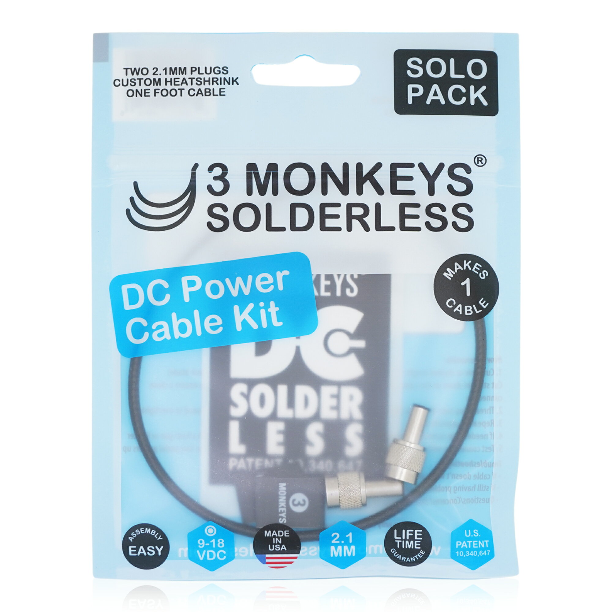 エフェクター専門店 ナインボルトの3 Monkeys Solderless - DC SOLDERLESS SOLO PACK 【ゆうパケット対応可能】 / DCケーブル 自作キット DCプラグ2個+ケーブル30cm入り｜アングル2
