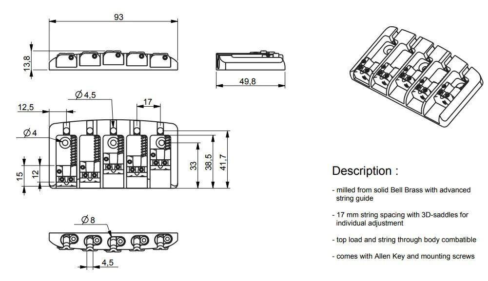 【納期: 約3ヶ月〜】ABM - ABM 3705G17 MkII 5弦ベース用ベルブラスブリッジ 弦間1...
