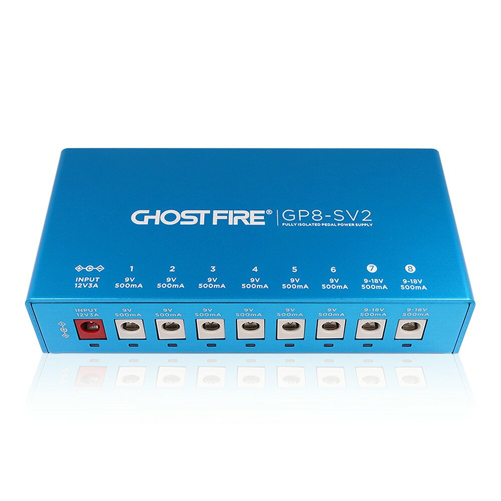種類：パワーサプライ アダプター：12Vセンターマイナス 電池駆動：- コントロール：SELECTABLE VOLTAGE Ghost Fire / GP8-SV2 ゴーストファイアー / ジーピーエイトエスブイツー ■POINT ・オールアイソレーテッドパワーサプライ ・8つの独立した電源出力端子とUSB 5V出力端子 ・9/12/15/18V出力端子も装備 Ghost Fire GP8-SV2は、小型～中型ペダルボードなどにも最適なコンパクトパワーサプライです。 8つの電源出力端子は全て独立していて、ペダル間の干渉を防ぐことができます。 9V 500mA端子を6つ、9/12/15/18V切り替えに対応した500mA端子を2つ装備しています。 ※12V時は375mA、15V時は300mA、18V時は250mAとなります。 さらに、USB 5V（バスパワー）電源を出力するUSBタイプA端子も備えています。USB 5V端子は最大1Aの出力です。 付属DCケーブル ・DCケーブル 10本 ・極性変換ケーブル 1本 ・ボルテージダブラーケーブル 1本 ・カレントダブラーケーブル 1本 【Ghost Fire】 Ghost Fireは2007年にアメリカで登録されました。中国とアメリカで10年以上機器の製造に関わった経験を持ち、ミュージシャンのための製品を製造しています。Ghost Fireの製品が世界を揺るがすお手伝いをすると確信しています。