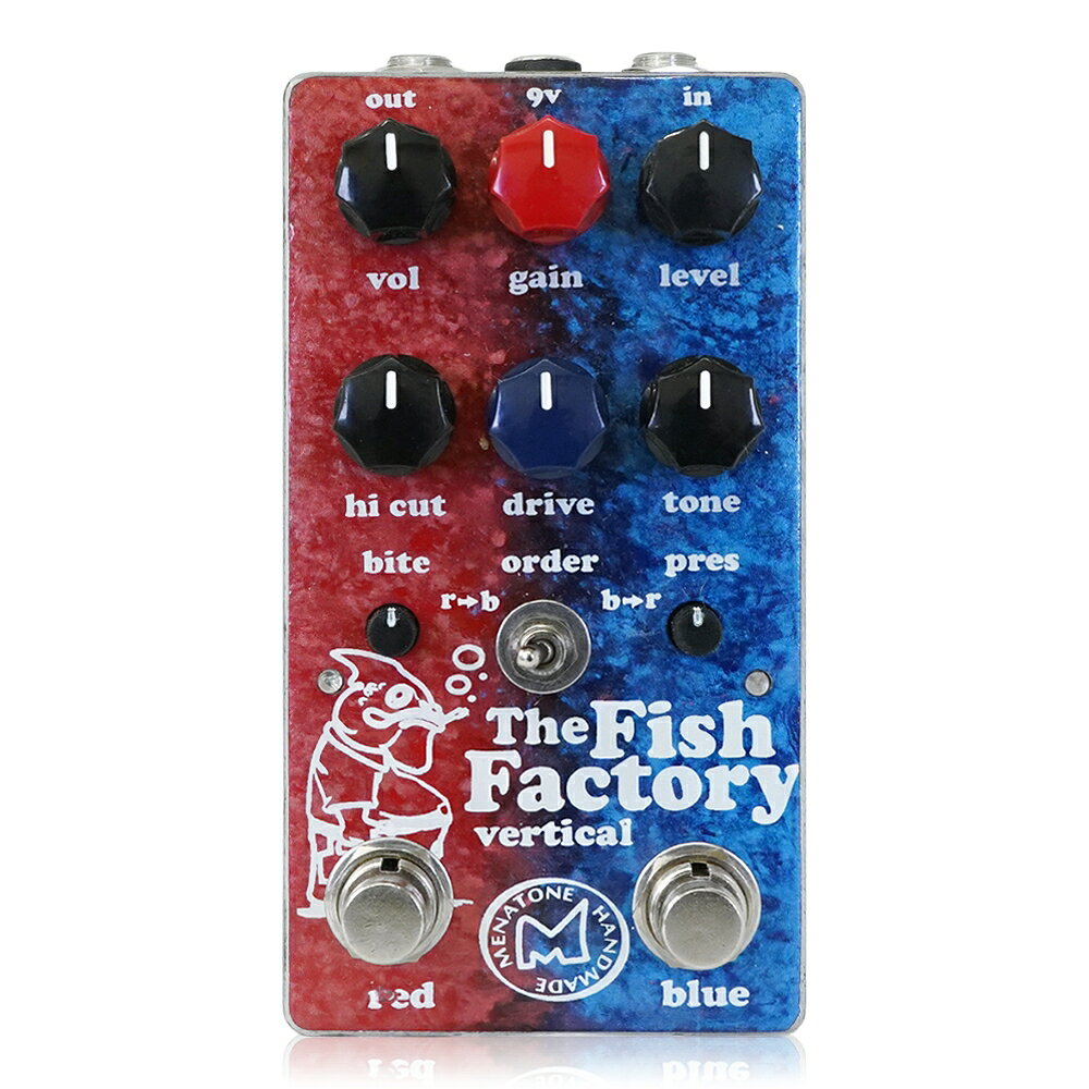 種類 　 オーバードライブ アダプター 　 9Vセンターマイナス 電池駆動 　 - コントロール 　 Vol、Gain、Level、Hi Cut、Drive、Tone、Bite、Pres、Order Menatone　Fish Factory メナトーン　フィッシュファクトリー Fish Factoryは、究極のコンパクトオーバードライブペダルです。4ノブのRed SnapperとBlue Collarの2つのオーバードライブを組み合わせ、それぞれ独立して個別、または同時に使用することで、様々なサウンドをカバーします。さらにOrderスイッチにより、Red SnapperとBlue Collarの接続順を切り替えることもできます。 ほぼクリーンなブーストからオーバードライブ、さらに極厚のトーンまで、オーバードライブの全てが詰まっています。 ●Red Snapper 4knob 数々の伝説を作り上げたオーバードライブペダルであり、Menatoneにとって初めてのペダル“Red Snapper”。 この回路はMenatoneの始まりでした。1996年、“Red”と名付けられたそのペダルは話題を呼び、1998年のNAMM SHOWでは“Red Snapper”として世界的なデビューを飾ったのです。 ドライブ段の後段に設置されたHi Cutコントロールにより、Biteコントロールを最大限に活用して音色を作ることができます。 ●Blue Collar Blue Collarオーバードライブは、Menaoneにとって2番目に制作したペダルデザインです。 Red Snapperにより高いゲインとコンプレッションを求めるリクエストから1997年に開発されたのがBlue Collarでした。 特にシングルコイルとの相性がよく、ミッドレンジが太いトーンを生み出します。 1台でクリーントーンから倍音とサステインが豊かで美しくなめらかなフルゲインまで、広いゲインレンジをカバーします。 スムースなトーンですが、そこに複雑な響きが残ります。 ●コントロール ・Red Snapper Gain：歪みの強さを調整します。 Vol：Red Snapperセクションの音量を調整します。 Bite：プレゼンスのブーストを行います。 Hi Cut：トレブルをカットして音色を調整します。 ・Blue Collar Drive：歪みの強さを調整します。 Level：Blue Collarの音量を調整します。 Tone：ミッドレンジのブースト/カットを行います。 Pres：Blue Collarの歪みとプレゼンスの調整を行います。 Order：Red SnapperとBlue Collarの接続順を切り替えます。 ●電源 スタンダードなセンターマイナスDC9Vアダプターで駆動します。 ※電池はご使用いただけません。 Menatone Menatoneは1996年から、最高品質のエフェクターを手作業で制作しています。 そのサウンドクオリティは世界中のアーティストが認め、多くのプレイヤーの足元で活躍しています。