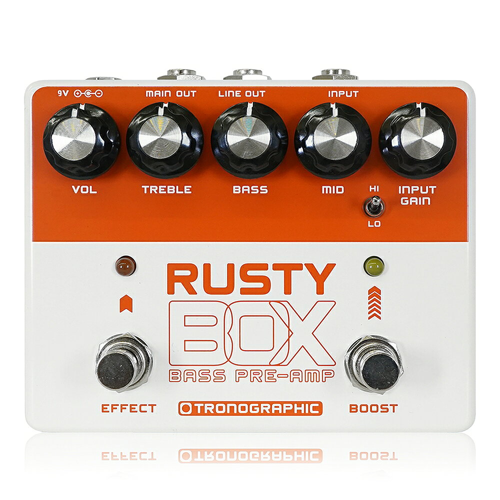種類：ベースプリアンプ アダプター：9Vセンターマイナス 電池駆動：－ コントロール：Volume、Treble、Bass、Middle、Input Gain、Hi/Low、Effect、Boost Tronographic / Rusty Box トロノグラフィック / ラスティボックス Tronographic Rusty Boxは、特にベースギターに最適化して制作された楽器用のプリアンプペダルです。ベースギター向けに制作していますが、レギュラーギターでもお使いいただけます。 1970年代の“ハイゲイン”なソリッドステートベースアンプのトーンを再現しながら、現代的な機能を持たせて再構築しました。 Input Gain、Bass/Middle/Treble EQ、Master VolumeコントロールやBoostフットスイッチを搭載。トゥルーバイパスで、DIとしても使用可能なバランスドアウトプットを有しています。 ●特徴 ・Input Gainコントロールで正確なゲイン、ドライブ設定が可能 ・3バンドEQによりベースギターのトーンを詳細に設定 ・よりアグレッシブなボリューム/ドライブが得られるBoostモード ・バランスドアウトプット(600Ω)によりDIとしても使用可能 ・トゥルーバイパス ・スタンダードなセンターマイナスDC9V（130mA）で駆動 ●基本的な使い方 ・エフェクターとして Rusty Boxは、お使いのシステムの中に手軽に組み込むことができます。エフェクトチェインやエフェクトループ、ベースアンプ側のプリアンプ前後などに接続することができます。 楽器側のケーブルをInputに、アンプ側のケーブルをMainアウトプットに接続して使用します。 ・DIボックスとして Rusty BoxのMainアウトプットは600Ωのバランスドアウトプットとして使うことができます。エフェクターとして使用する際はここにスタンダードなモノラルフォンジャックを接続しますが、DIボックスとして使用する場合TRSケーブルを使用します。このケーブルはミキシングボード等のバランスドオーディオデバイスに接続します。また、同時にLineアウトプットをモニター用に使用することもできます。 ・パワーアンプのためのプリアンプとして Rusty BoxのLineアウトプットは、フルヴォリュームのアンバランスドオーディオシグナルを出力します。本体のVolumeノブを通さずにシグナルを出力するため、Input Volumeコントロールを使用してパワーアンプをドライブさせることができます。エフェクターとしてやDIボックスとしての使用法と組み合わせ、モニターアンプやラインアウトとベースアンプのインプットを組み合わせる等、様々な使い方が可能です。 ●コントロール Input Gain：Rusty Boxのインプットアンプリファーステージのゲインを設定します。時計回りに回せばシグナルはラウドになり、歪みが加わります。Boost ON時、このコントロールは、9時辺りを超えれば歪みが加わります。また、このコントロールはHI/LOスイッチと併せてご使用いただけます。 HI/LO：このトグルスイッチは、Rusty BoxにアンプのHigh/Lowインプットの切替機能と同様の機能を設定できます。Hi側に設定すればハイインピーダンスなインプットに、LO側に設定すればインプットインピーダンスが少し下がり、音量も低減されます。Hi側はラウドなトーンに、Lo側は高域と音量が少し減衰するトーンになります。 Boost：このフットスイッチは、サウンドにさらなる音量とドライブを追加したい時に使用します。スイッチをONにすれば、インプットステージがブーストされ、シグナルが強化されます。本体がバイパス時にはブーストもバイパスされます。 Mid：Rusty BoxのEQセクションの1つです。時計回りに回せばミッドレンジが強調されます。12時位置より左側に回せばミッドレンジがカットされます。 Bass：Rusty BoxのEQセクションの1つです。時計回りに回せばローエンドからローレンジが強調されます。 Treble：Rusty BoxのEQセクションの1つです。時計回りに回せばトップエンドやトレブルレンジが強調されます。 Volume：マスターヴォリュームコントロールです。Mainアウトプットから出力されるシグナルの音量を調整します。Lineアウトプットからの出力には影響しません。 Effect：Rusty Box本体のバイパススイッチです。トゥルーバイパス時には全てのエフェクトがバイパスされ、インプットからMainアウトプットにシグナルが直結されます。この時、Lineアウトプットからの出力はミュートされます。また、バイパス時、Mainアウトプットからの出力はアンバランスドとなります。 ●入出力端子 Input：Rusty Boxのオーディオインプット端子です。楽器やエフェクターなどからの出力を接続します。インプットインピーダンスはHi側が250kΩ、Lo側が18kΩです。 Line Out：Volumeコントロールを通る前の、フルヴォリュームのアンバランスドシグナルを出力します。本体をパワーアンプ前のプリアンプとして使用する際に最適です。ここからの出力の音量を調整する場合、Input Gain、Boostフットスイッチ、Hi/Loトグルスイッチで行います。 また、ここからの出力はバイパス時にミュートされます。 Main Out：Volumeコントロールを通した出力、およびバイパス時の出力を行う端子です。モノラルプラグを接続すればアンバランスドアウトプットに、ステレオプラグのTRSケーブルを接続すればバランスドアウトプットになります。アウトプットインピーダンスは600Ωです。 Mainアウトプットからの出力は、アンプ本体のプリアンプ前に接続することを推奨します。トゥルーバイパス時、ここからの出力はアンバランスドとなります。 ●電源 スタンダードな2.1mmバレルタイプ、センターマイナスDC9Vアダプターで駆動します。消費電流は130mAです。電池はお使いになれません。