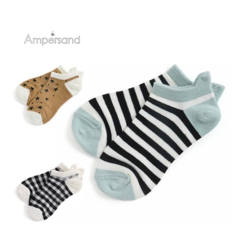 【100円くつ下】 ampersand【アンパサンド】3柄 ショート ソックス【人気 子供服 ブランド キッズ ベビー 小物 靴下 ソックス スニーカー アンクル 柄 ボーダー チェック スター 星 おしゃれ 男の子 女の子】L154100