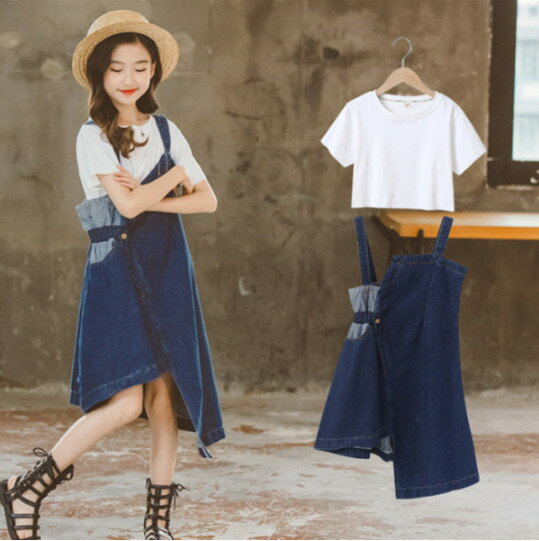 楽天センコーストアー韓国子供服 女の子 セットアップ レジャー おしゃれ 夏服 Tシャツ + デニムストラップスカート 2点セット 丸首 半袖 Tシャツ 不規則 スカートロング丈 キッズ ガールズ 夏着 お出かけ 通学着 海外旅行 ホワイト ピンク