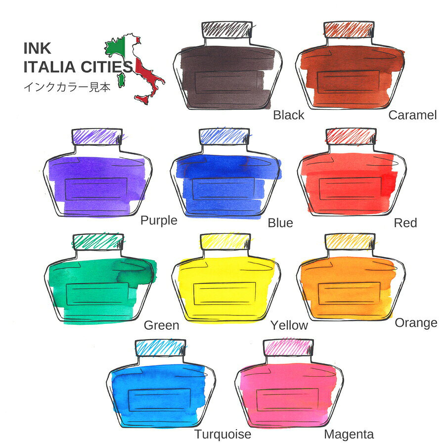 ボトルインク イタリア製 PARAFERNALIA INK ITALIA CITIES イタリア都市建築インクパレット インク 万年筆インク ガラスペン イタリア直輸入 おしゃれ カラフル ギフト プレゼント インポート文具 カリグラフィー パラフェルナリア イタリア建築 nipinter-10001980 adesso (アデッソ) サンプル画像3
