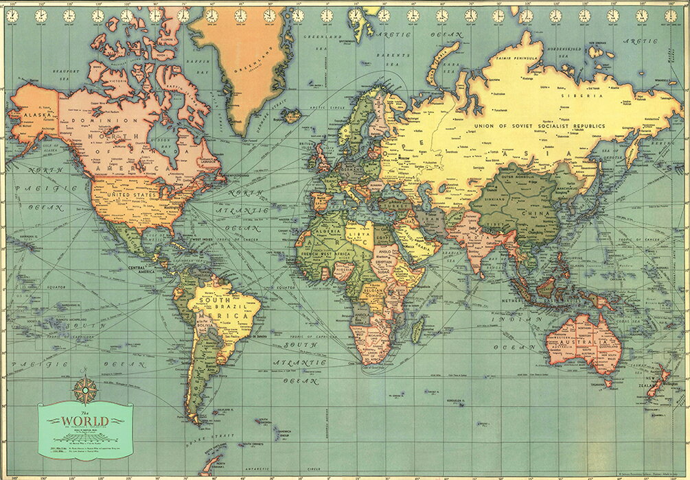 直輸入 イタリア製 ポスター おしゃれ ヴィンテージ レトロ インテリア 世界地図 古地図 大きい ISTITUTO FOTOCROMO ITALIANO / I.F.I　ポスター/ラッピングペーパー 50×70 MONDO MODERNO CR074