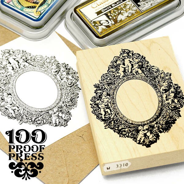 ラバースタンプ 100プルーフプレス 100 Proof Press #3310 天使の鏡 Cherub Encrusted Mirror はんこ アンティーク ヴィンテージ クラシック レトロ 天使 クリスマス フレーム 額縁