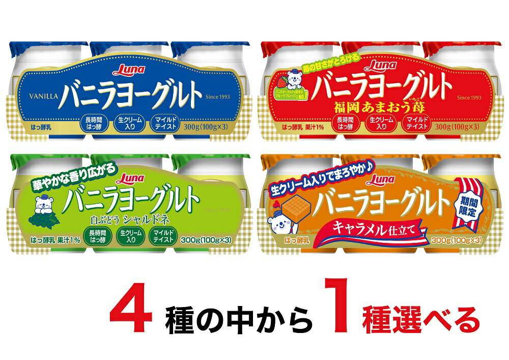 4種の中から1種選べる バニラヨーグルト 福岡　あまおう苺　白ぶどう　シャルドネ　キャラメル仕立て 100g×3個×8パック 乳製品 デザート スイーツ 生クリーム入り 日本ルナのサムネイル