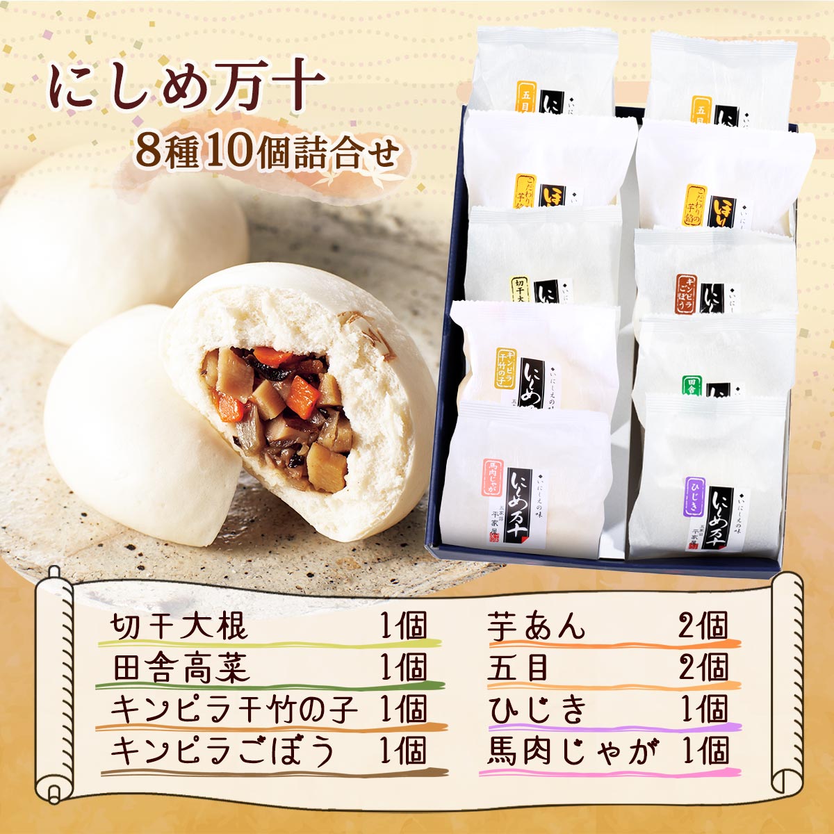 にじデパート楽天市場店の[平家屋] 惣菜万十 にしめ万十 ギフト箱入り 10個入り (五目×2、きんぴらごぼう×1、切り干し大根×1、きんぴらたけのこ×1、ひじき×1、芋餡×2、馬肉じゃが×1、田舎高菜×1）｜アングル2
