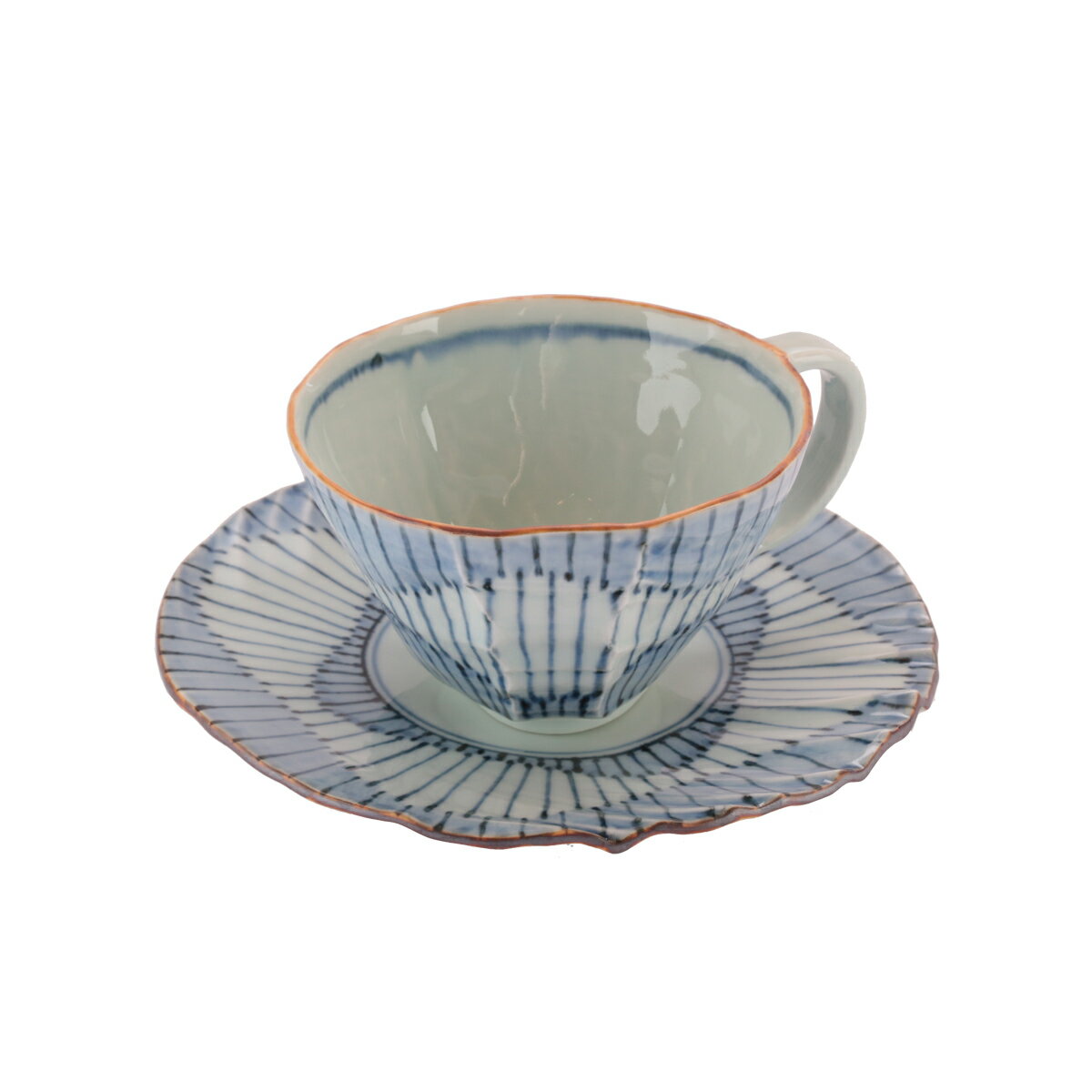 カップ＆ソーサー [宝寿窯] 染付波違い十草紋カフェオレカップ＆ソーサー 1セット /佐賀県 窯元 手作り..