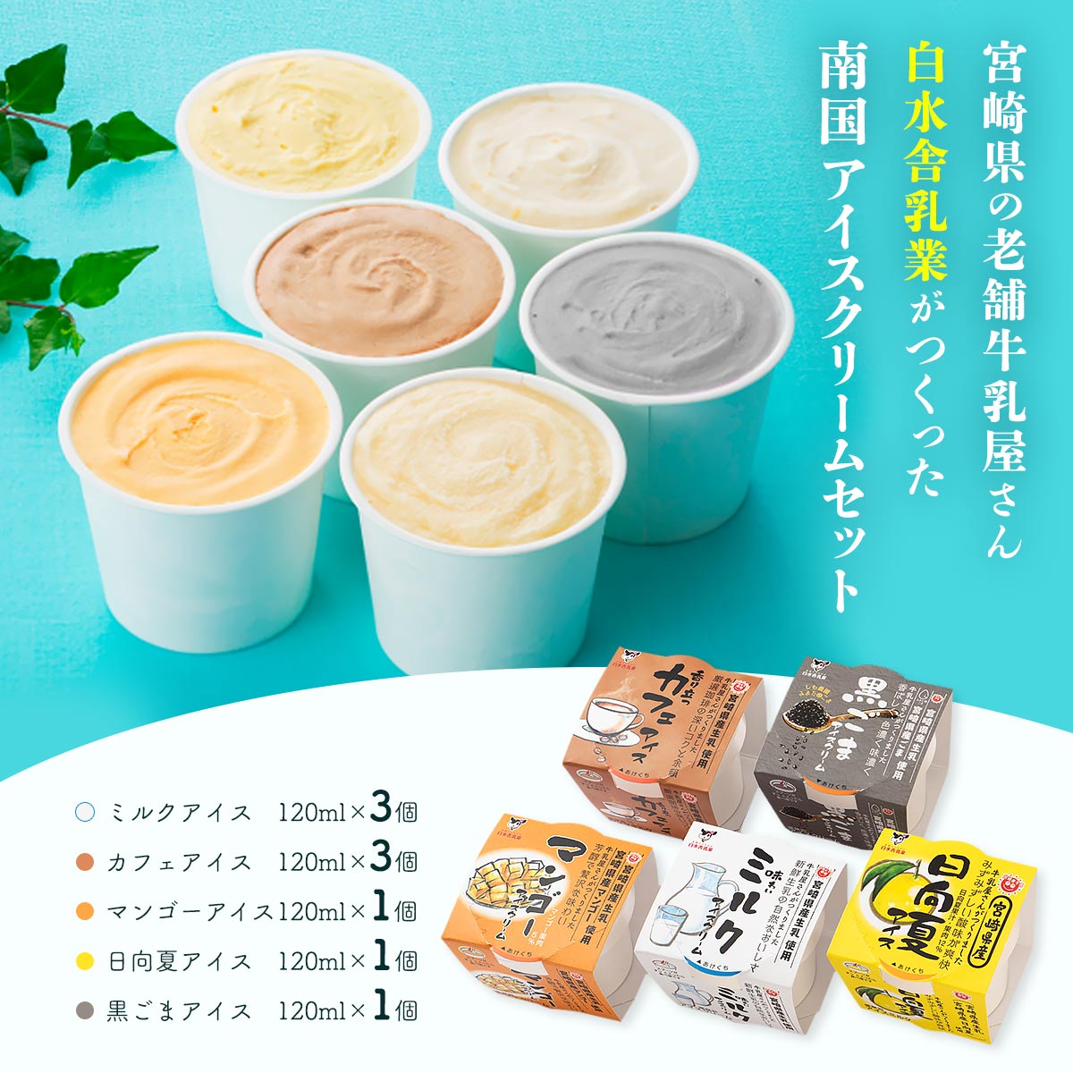 にじデパート楽天市場店の[白水舎乳業] アイス 白水舎 南国宮崎アイスセット ミルクアイス120ml×3個、カフェアイス120ml×3個、マンゴーアイス120ml×1個、日向夏アイス120ml×1個、黒ごまアイス120ml×1個 /スイーツ 宮崎 ギフト 贈り物 お土産 アイス アイスクリーム お菓子 国産｜アングル2