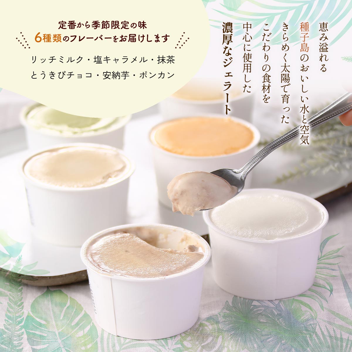 にじデパート楽天市場店の[HOPE] アイスクリーム 種子島の恵みいっぱいジェラート 6個入り 簡易段ボール包装 90ml×6個(リッチミルク・塩キャラメル・とうきびチョコ・抹茶・安納芋・ぽんかん) /ギフト 贈り物 プレゼント｜アングル2