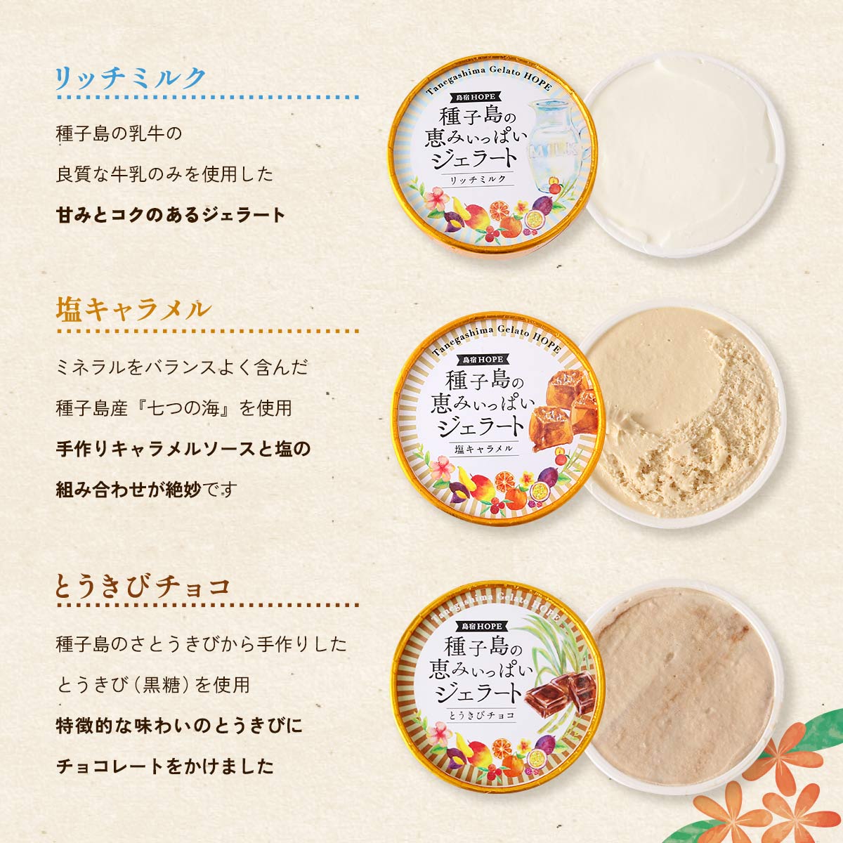 にじデパート楽天市場店の【送料無料】 [HOPE] アイスクリーム 種子島の恵みいっぱいジェラート 12個入り ギフトボックス リッチミルク・塩キャラメル・とうきびチョコ・抹茶・安納芋・ぽんかん・チョコレート・ラズベリー・ヘーゼルナッツ｜アングル3