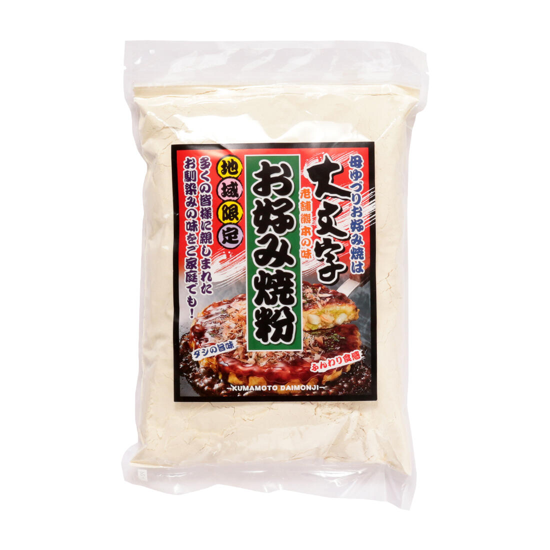 【商品特徴】熊本で知らない人はいないとまで言われる老舗 お好み焼き屋さん大文字のお好み焼粉です。多くのお客様に親しまれたお馴染みの味を家庭でも楽しめるようになりました。ダシのうま味とふんわり食感はそのままに地域限定で販売中です。パッケージには大文字直伝プロの焼き方が書いてありますので、ご家庭でもお店の味をお楽しみください。 商品説明メーカー所在地 原材料 小麦粉(国内製造)、砂糖、食塩、ぶどう糖、風味原料(かつお節粉末、かつお節エキス、かつおエキス、こんぶエキス)、たん白加水分解物/膨張剤、調味料(アミノ酸等) サイズ 260.00×165.00×32.00(mm) 原産国 日本 内容量 500g アレルギー表示 小麦 温度帯 常温 メーカー名 有限会社大文字熊本県熊本市中央区京町1丁目9-24