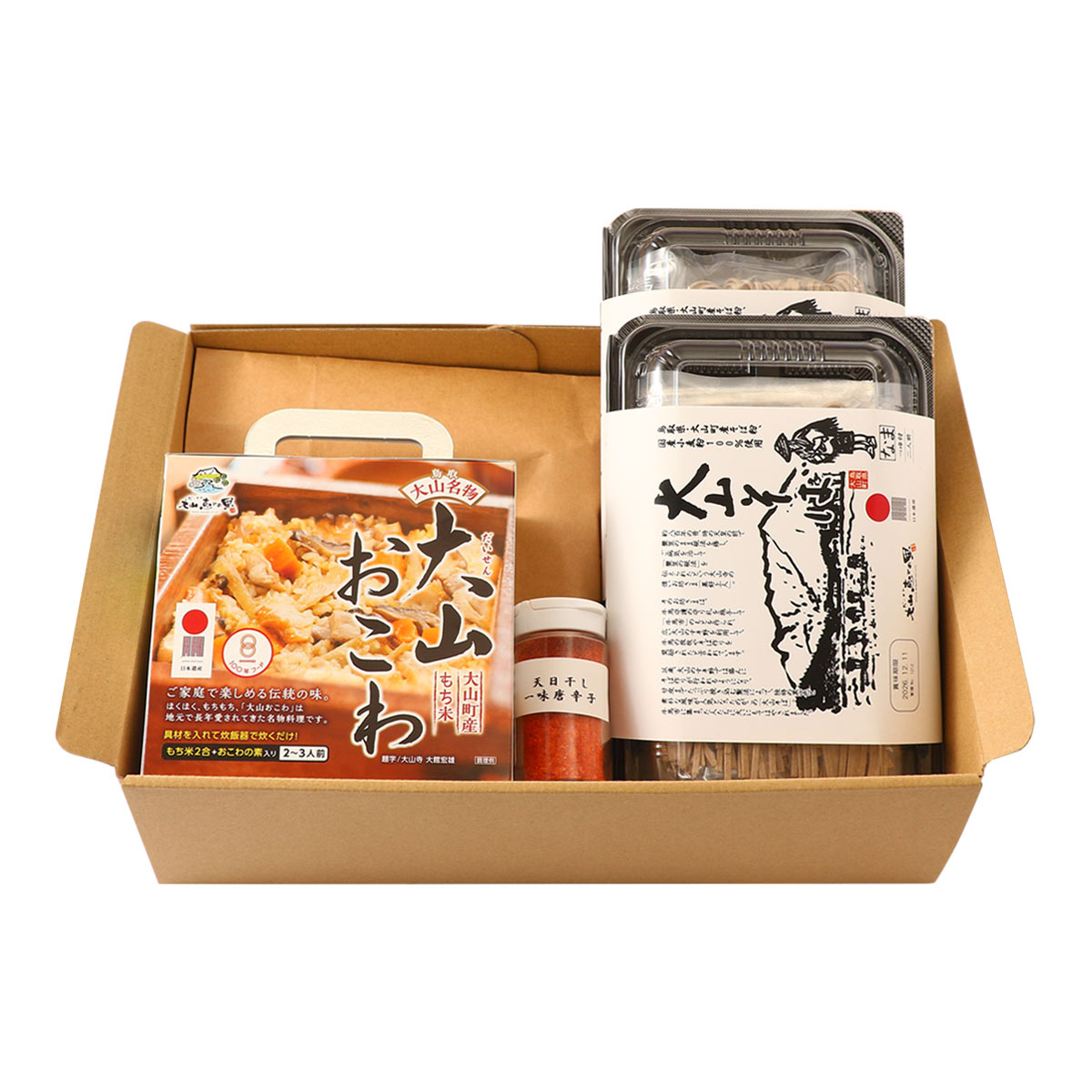 乐天商城 - ギフトセット 日本遺産セットA 大山そば(めん100g×2、つゆ40g×2)×2、大山おこわ(もち米280g、具材210g)×1、天日干し一味唐辛子18g×1 [一般財団法人大山恵みの里公社] /そば 蕎麦 生そば おこわ 大山名物 大山恵みの里 鳥取そば 国産そば 国産小麦粉