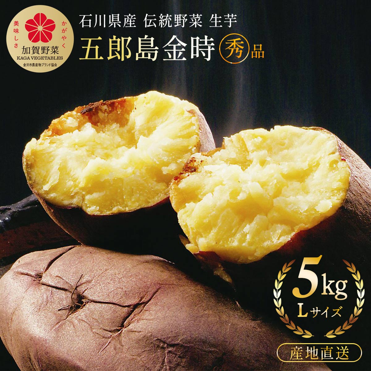 石川県産さつまいも Lサイズ 5kg 五郎島金時 生イモ 上級品 〇秀 L 5kg [かわに] 【発送時期:9月中旬頃～順次配送】/さつまいも 厳選 石川県 国産 秀品 ほくほく 秋の味覚 美容 健康 お取り寄せ 焼き芋 家庭用 生芋 さつま芋 サツマイモ 送料無料