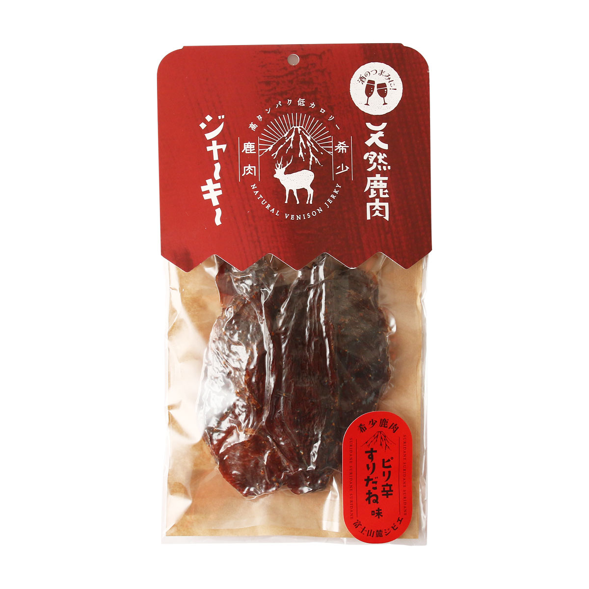 【商品特徴】醤油・みりん・ニンニク・ハチミツに漬け込んだ新鮮な天然鹿肉に「すりだね」を贅沢にまぶしたピリ辛旨味鹿肉ジャーキーです。 ワイン＆ビールはベスト・マリアージュ！ 商品説明メーカー所在地 原材料 鹿肉(国産)、醤油、清酒、みりん、赤ワイン、香辛料加工品、にんにく、ハチミツ、ブラックペッパー/調味料(アミノ酸等)、カラメル色素、酸味料、甘味料(ステビア)、(一部に小麦・ごま・さば・大豆を含む) サイズ 224×120×10(mm) 原産国 日本 内容量 40g アレルギー表示 小麦、ごま、さば、大豆 温度帯 常温 メーカー名 株式会社クリエイティブリゾート山梨県富士吉田市松山1603