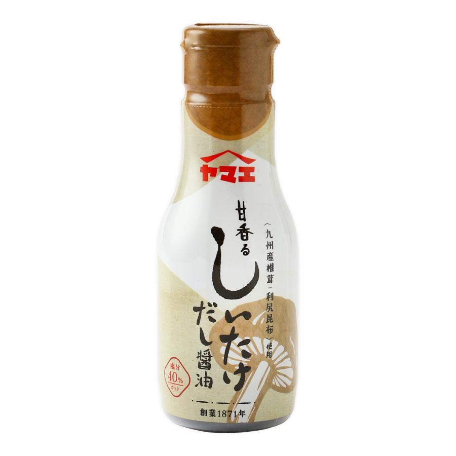 【商品特徴】九州産しいたけと利尻昆布でだしをとった、風味豊かな香りとまろやかなだしの旨味が広がる甘口タイプのだし醤油です。 塩分を40%カットしています。 一滴から調整して注げる新鮮密封ボトル入りで便利にお使いいただけます。 冷奴や卵かけご飯など、特によく合います。 ぜひ一度お試しください。 商品説明メーカー所在地 原材料 しょうゆ(国内製造)、果糖ぶどう糖液糖、水飴、蜂蜜、発酵調味料、砂糖、昆布エキス、食塩、椎茸、椎茸エキス、醸造酢、酵母エキス、昆布/アルコール、(一部に小麦・大豆を含む) サイズ 155×55×55(mm) 原産国 日本 内容量 200ml アレルギー表示 小麦、大豆 温度帯 常温 メーカー名 ヤマエ食品工業株式会社宮崎県都城市西町3646番地