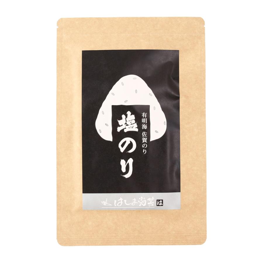 【商品特徴】佐賀有明海産　一番のり　佐賀海苔　塩のりです。 秋芽海苔を使用しています。 (推等級の海苔) 私達の地域では、有明海の海況が不安定が続き、海苔生産が苦戦をしています。 その過酷な環境の中で、立派に育てくれた海苔を皆様に提供出来る事は大変、有り難いです。 芦刈漁場、特有の磯かおり、丸みを帯び甘み、口に入れた瞬間からとろけ出す柔らかを存分にお楽しみくださいませ。 一番海苔の佐賀海苔に合う塩を漁師自ら追求したこだわりの塩海苔。海水から作られたミネラル豊かな『石垣島の塩』で一番海苔の美味しさがさらに際立ちます。 ピザや豆腐などにおすすめです！！ はしま海苔のヒット商品です！！ リピーターが多く好評です。 商品説明メーカー所在地 原材料 乾燥海苔(有明海産佐賀海苔) 菜種油 食塩(石垣の塩) サイズ 280×170×5(mm) 原産国 日本 内容量 半切10枚(全形5枚分) アレルギー表示 なし 温度帯 常温 メーカー名 はしま海苔佐賀県小城市芦刈町下古賀1379-1