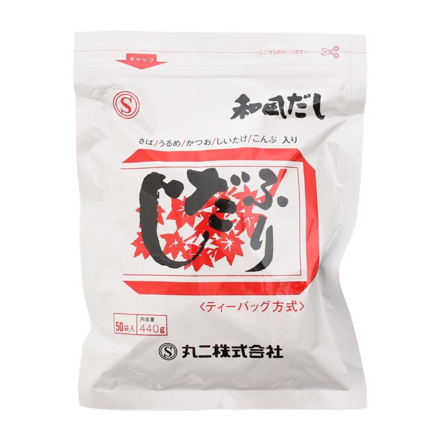 【商品特徴】鮮度の高い天然原料を多く使用し、調味エキスを限界まで少なく組み合わせて仕上げています。 下味をつけていますので、「だし」の味付けだけでお吸い物にもなりますし、おでんや鍋物など「だし」のきいた料理をするもよし、他の調味料を加えて自分好みの味付けをするなど幅広く使えますので料理のレパートリーも拡がります。 商品説明メーカー所在地 原材料 食塩(国内製造)、砂糖、さば削りぶし、うるめ削りぶし、かつおぶし、乾しいたけ、粉末しょうゆ、乾燥こんぶ、かつお・まぐろエキス、オニオン粉末、酵母エキス、(一部に小麦・さば・大豆を含む) 添加物：調味料(アミノ酸等)、カラメル色素 サイズ 260×195×30(mm) 原産国 日本 内容量 440g(8.8g×50袋) アレルギー表示 小麦、さば、大豆 温度帯 常温 メーカー名 丸二株式会社広島県広島市中区光南6丁目2-44