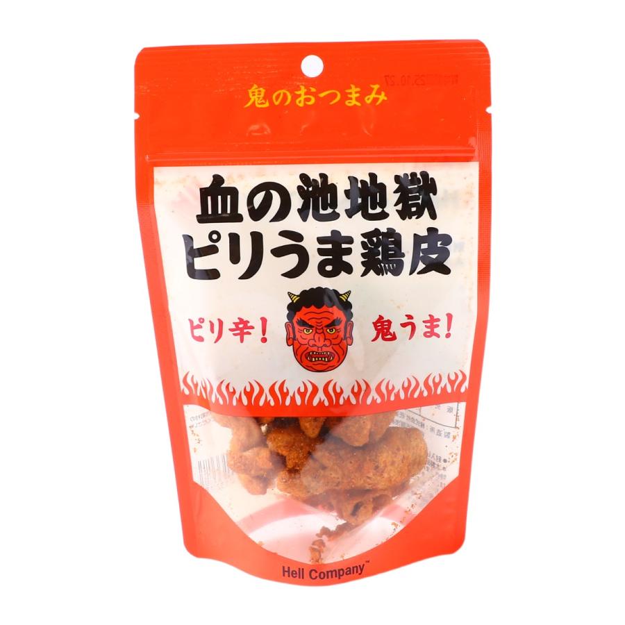 【商品特徴】大分県・別府の名所「血の池地獄」をイメージした、ピリ辛仕立ての鶏皮スナックです。 国産鶏皮をカリッと揚げ、唐辛子の辛味と旨味を絶妙なバランスで仕上げました。 おつまみや小腹満たしにぴったりの、クセになる美味しさです。 商品説明メーカー所在地 原材料 鶏皮(国産)、食用植物油脂、唐辛子シーズニング、でん粉、パプリカパウダー、唐辛子、醤油/調味料(アミノ酸等)、香辛料抽出物、加工デンプン、微粒二酸化ケイ素、(一部に小麦・大豆・鶏肉・豚肉を含む) サイズ 200×130×40(mm) 原産国 日本 内容量 40g アレルギー表示 小麦、大豆、鶏肉、豚肉 温度帯 常温 メーカー名 株式会社Hell Company大分県大分市賀来南1-18-42