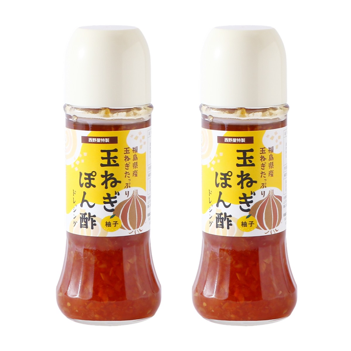 【商品特徴】福島県産のシャキシャキ食感の玉ねぎをふんだんに使用しゆず果汁を隠し味に入れて仕上げました。 ポン酢としてもドレッシングとしも、両方に使える美味しいポン酢ドレッシングです。 野菜、お肉、具材を選ばない万能の玉ねぎポンズドレッシング。 サラダ、鍋物、揚げ物など様々な料理と相性抜群です。 脂っこい料理にかけてお召し上がりください。 商品説明メーカー所在地 原材料 玉ねぎ(福島県産)、醸造酢、たん白加水分解物、果糖ぶどう糖液糖、醤油、砂糖、柚子果汁/調味料(アミノ酸等)、増粘剤(キサンタン)、(一部に小麦・大豆を含む) サイズ 62×124×168(mm) 原産国 日本 内容量 200g×2 アレルギー表示 小麦、大豆 温度帯 常温 メーカー名 西野屋食品株式会社福島県いわき市常磐上矢田町田端8-1