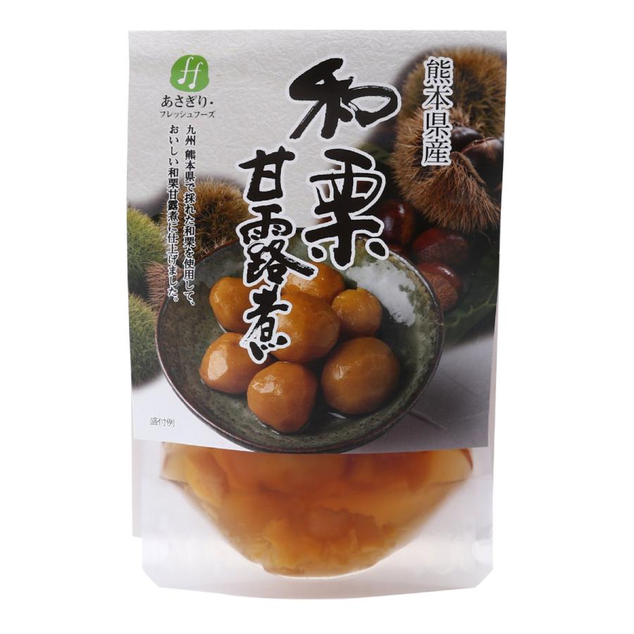 【商品特徴】熊本県産で採れた和栗を使用した甘露煮です。 九州熊本県で採れた和栗を使って、美味しい和栗の甘露煮にしあげました。 一粒一粒丁寧に手作業で皮むきした栗を使って、美味しい甘露煮に仕上げました。 開封し、そのまますぐにお召し上がりいただけます。 商品説明メーカー所在地 原材料 栗(熊本県産)、砂糖、みりん サイズ 170×110×25(mm) 原産国 熊本県 内容量 150g(うち栗50g) 温度帯 常温 メーカー名 株式会社あさぎり・フレッシュフーズ熊本県球磨郡あさぎり町上西185番地