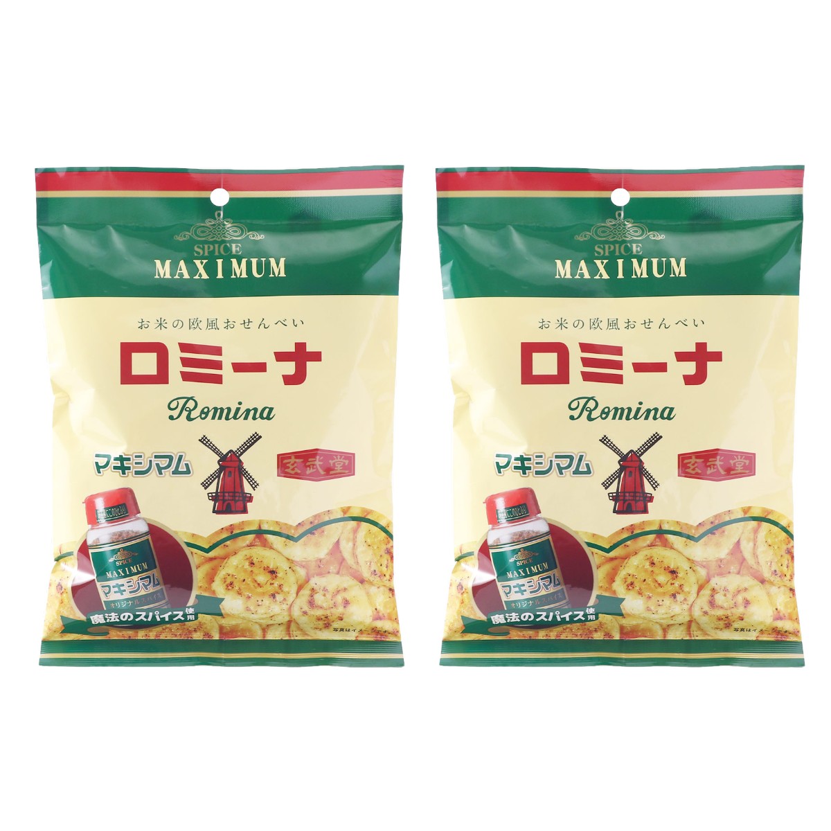 【商品特徴】発売から50年以上、げんぶ堂とともに歩んできたロングセラー「ロミーナ」。 うす焼きなのにしっかりとした歯ごたえ、そして国産うるち米の旨みをしっかり感じられる、昔ながらの素朴で飽きのこないおせんべいです。 その素朴なおせんべいに、魔法のスパイス「マキシマム」をふりかけました。 サクッと軽い食感に、塩・胡椒・ガーリック・オニオン・ナツメグ・クミンなどのスパイスを絶妙にブレンドし、クセになる旨辛テイストに仕上げました。 一口食べれば、香り立つスパイスと国産米の甘みが広がり、つい手が止まらなくなる味わいです。 おやつにはもちろん、おつまみとしても相性抜群。 家族みんなで楽しめる、風味豊かなスナックです。 商品説明メーカー所在地 原材料 うるち米(国産)、植物油、食塩、胡椒、コーンスターチ、ガーリック粉末、醤油、かつお調味粉末、オニオン粉末、ナツメグ、パプリカ、クミン、ローレル、唐辛子/調味料(アミノ酸等)、着色料(カラメル)、酸化澱粉、(一部に小麦・大豆を含む) サイズ 228×158×80(mm) 原産国 日本 内容量 70g×2 アレルギー表示 小麦、大豆 温度帯 常温 メーカー名 株式会社中村食肉宮崎県北諸県郡三股町大字樺山4454-9