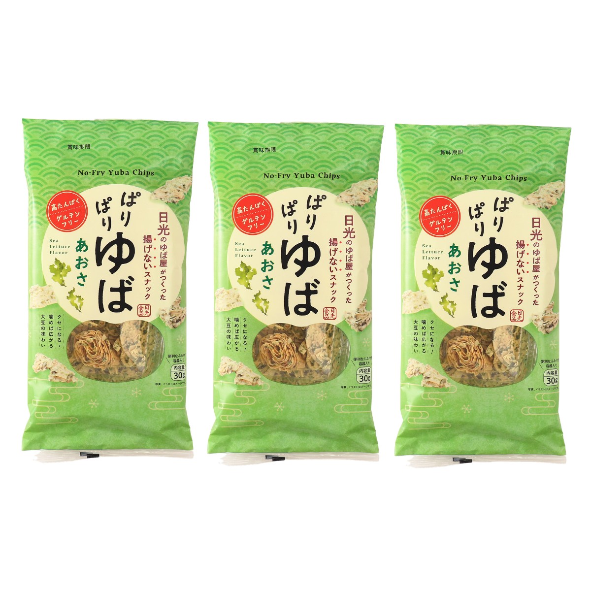 [日光食品] ゆば パリパリゆば あおさ 30g×3個セット /ゆば 湯葉 ゆばスナック 日光ゆば 大豆スナック 高タンパクスナック プロテインスナック グルテンフリースナック 揚げないスナック 栃木県産大豆 ご当地スナック おやつ おつまみ