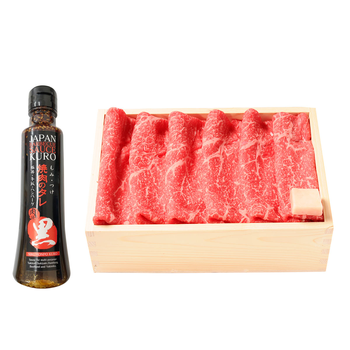 産直お取り寄せNセレクトの宮崎牛モモスライス700g にくほんぽ黒タレ 詰合せ 焼き肉 牛肉 冷凍 調味料 宮崎牛 和牛 牛もも肉 スライス済み 焼肉のタレ たれ すき焼き 割下 牛丼 肉料理 エムツー｜アングル2